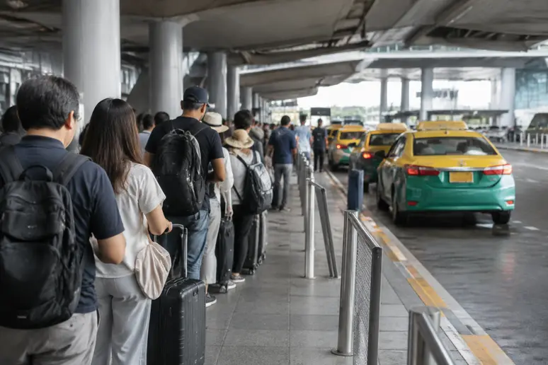 Offizieller Taxistand am Flughafen Bangkok mit wartenden Reisenden zur Stoßzeit