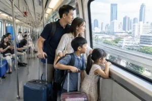 Familie reist entspannt mit dem Skytrain für die Strecke bkk to sukhumvit in Bangkok