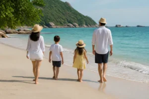 Familie beim Strandspaziergang an einem sonnigen Küstenabschnitt für Hua Hin oder Cha-Am