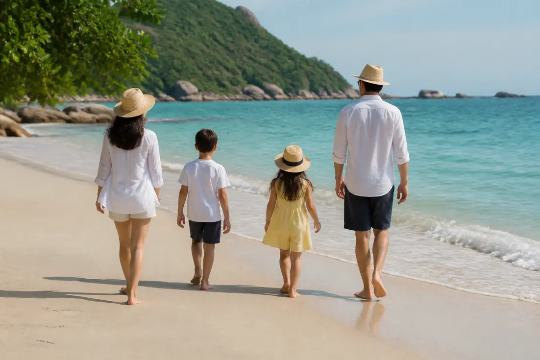 Familie beim Strandspaziergang an einem sonnigen Küstenabschnitt für Hua Hin oder Cha-Am