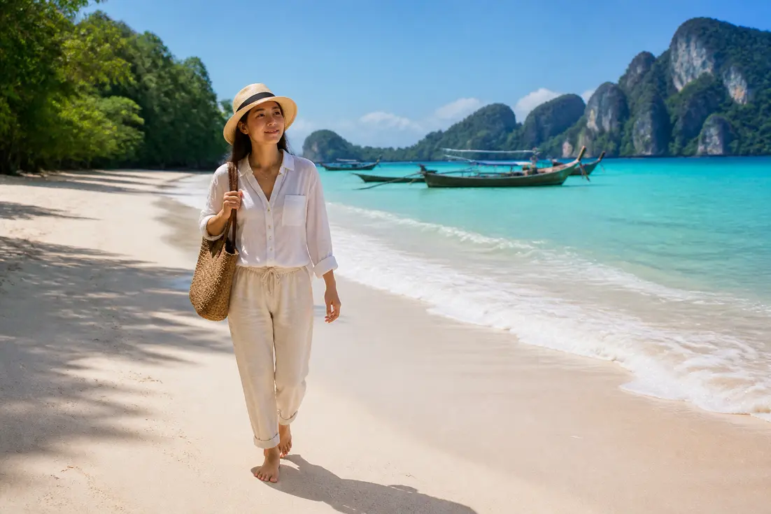 Am goldenen Strand schlendern Urlauber entspannt während einem Khao Lak Thailand Urlaub entlang