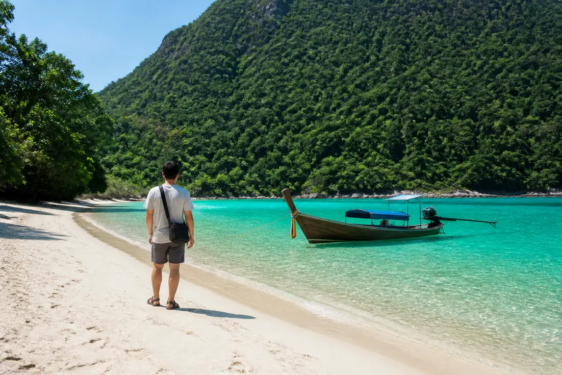 Koh Adang Reisetipps zeigen die malerische Küste mit einem Longtail-Boot im klaren Wasser.