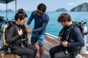 Taucher bereiten sich auf koh tao tauchen vor und richten ihre Ausrüstung auf einem Boot her