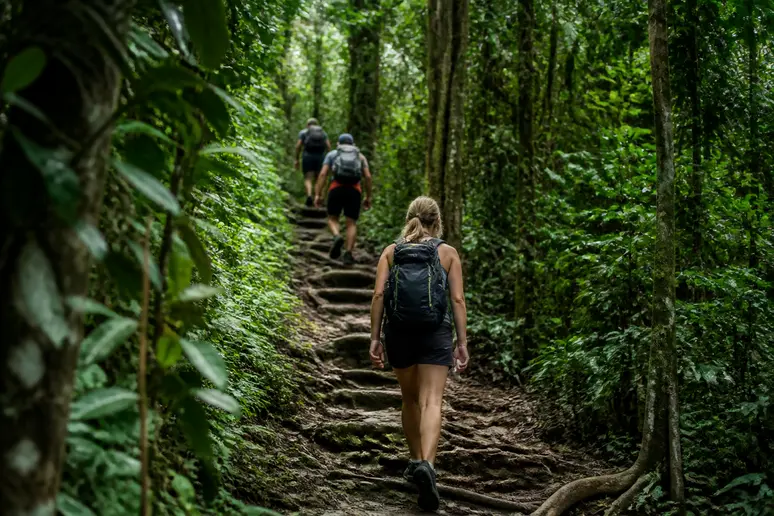 Wanderer auf einem steilen Dschungelpfad mit Naturtreppen während der Munduk Wasserfall Wanderung
