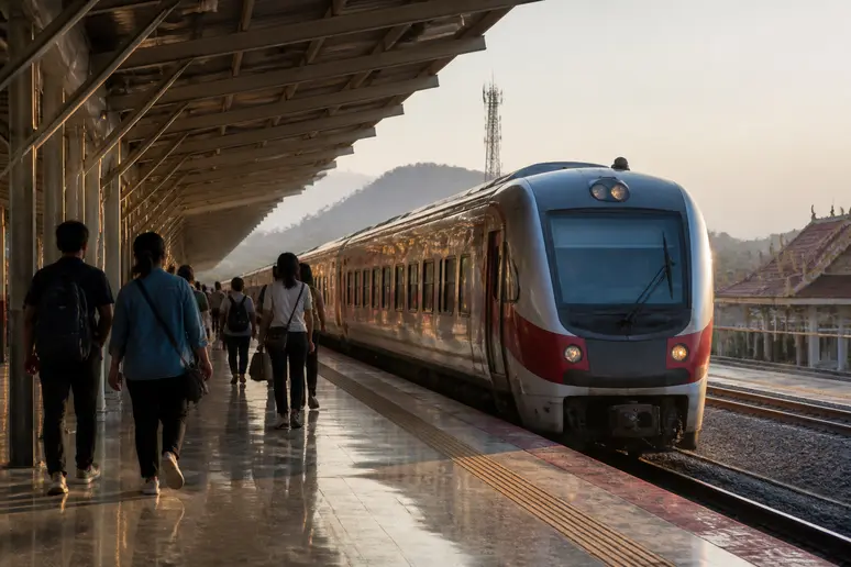 Ankunft des Nachtzugs Bangkok Chiang Mai am Bahnsteig in den frühen Morgenstunden bei Tageslicht