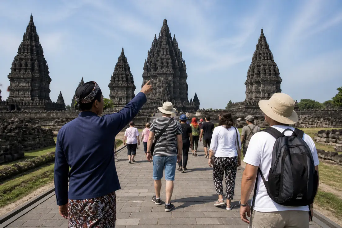 Besucher erkunden die historische archäologische Stätte vom prambanan bei Tageslicht