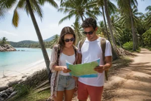Touristen betrachten eine schönste Strände Koh Samui Karte am tropischen Strand