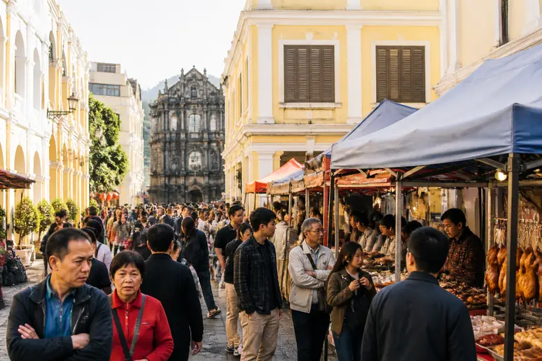 Historische Altstadt von Phuket Town mit traditionellen sino-portugiesischen Gebäuden und Marktständen