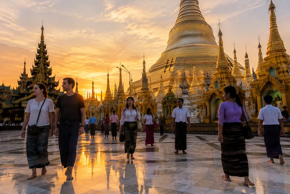 Besucher barfuß auf dem Marmorboden vor der shwedagon pagode bei Sonnenuntergang