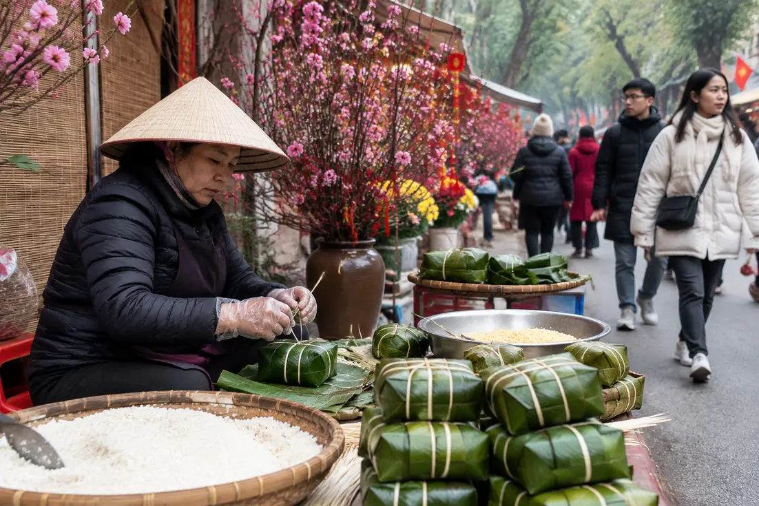 Vietnamesischer Strassenverkaeufer bereitet traditionelle Speisen vor dem tet 2026 Fest zu