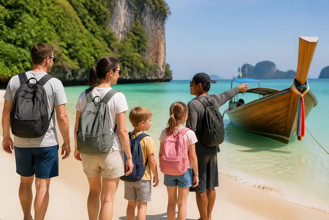 Eine Familie bereitet sich am Strand auf einen Ausflug vor, um Thailand mit Kindern zu entdecken.