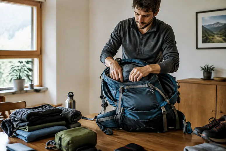 Reiserucksack für die Thailand Packliste auf einem Tisch ausgebreitet