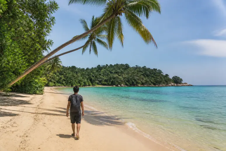 Ruhiger Naturstrand mit Palmen und klarem Wasser für einen entspannten Thailand Urlaub.