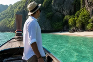 Entspannter Reisender auf einem Holzboot vor einer ruhigen Bucht für den Urlaub Thailand Inseln.