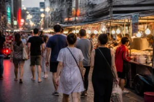 Reisende erkunden am Abend die belebte Khao San Road erster Besuch Bangkok mit bunten Ständen.