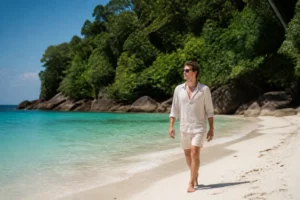 Koh Hai Reiseführer zeigt einen Reisenden an einem tropischen Strand mit türkisblauem Wasser.