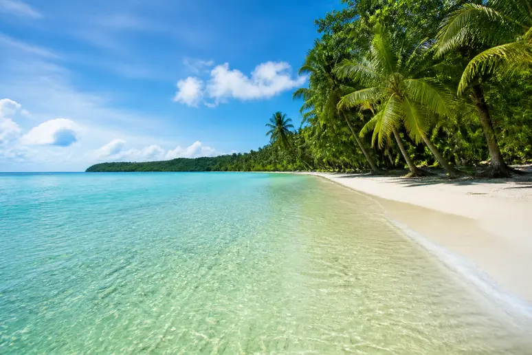 Feiner Sandstrand und klares Wasser an der Küste von Koh Kood bei Ebbe.