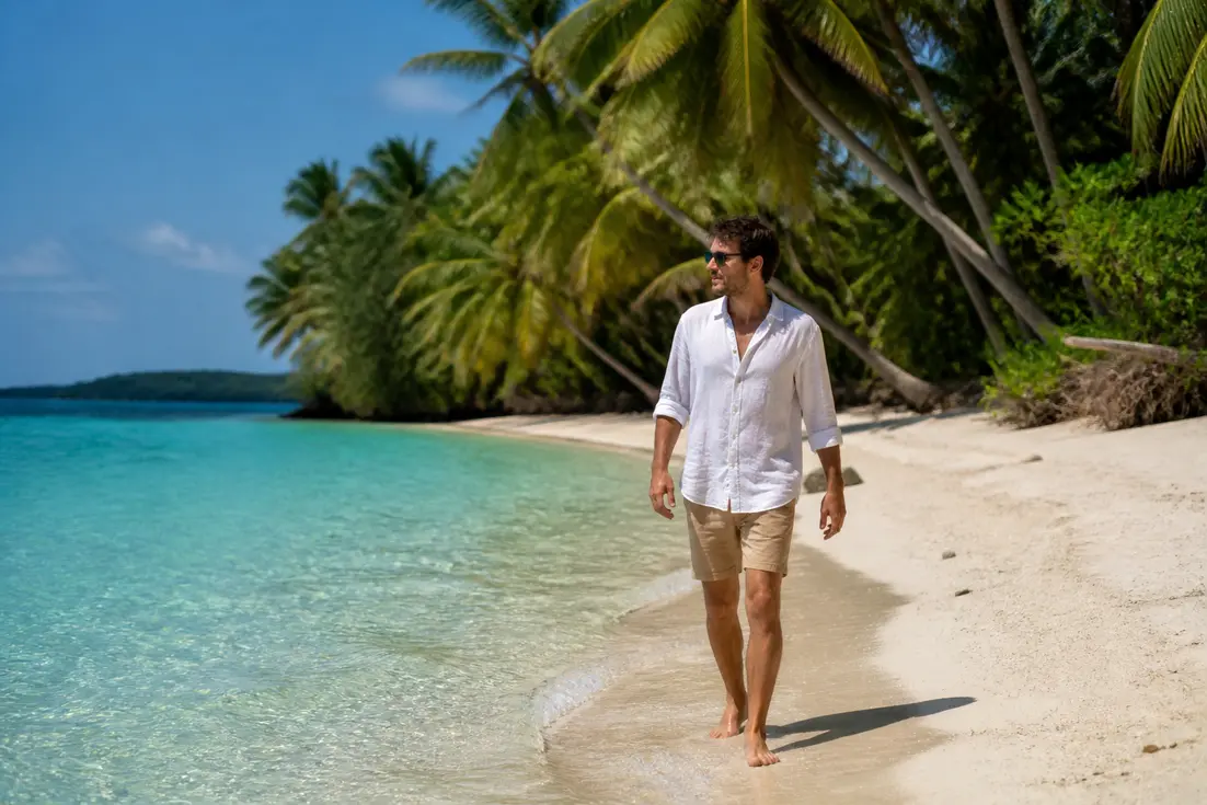 Ein Reisender geht am tropischen Strand von Koh Mak Urlaub entlang des Meeres.
