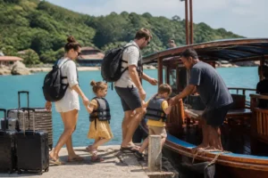 Eine Familie geht auf Koh Phangan mit Kindern an Bord eines traditionellen Holzbootes.