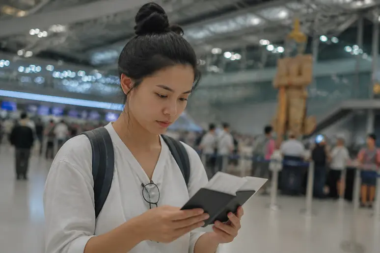 Reisender bei der Dokumentenprüfung und Vorbereitung der Einreise nach Thailand