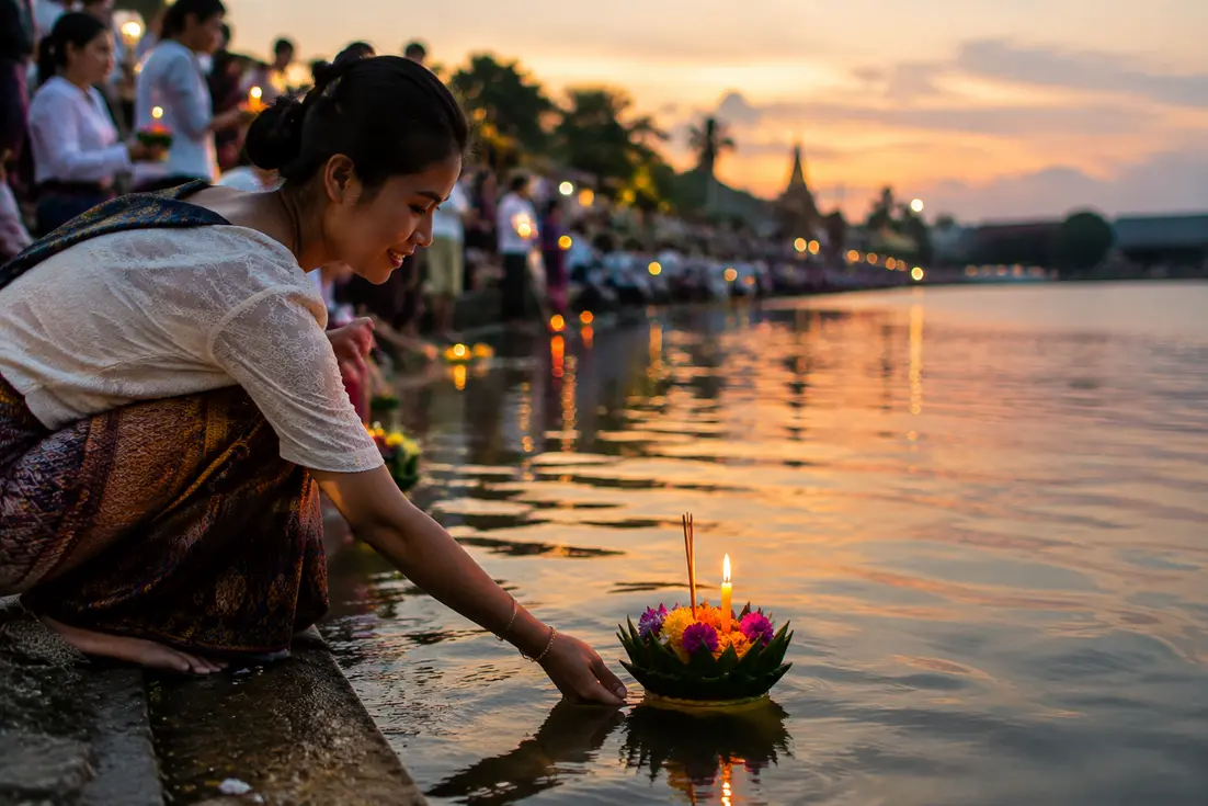 Eine Hand setzt ein traditionelles schwimmendes krathong mit brennender Kerze auf das Wasser bei der loy krathong feier.