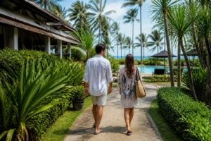 Paar auf dem Weg zum Pool für Merlin Khao Lak Resort clever buchen
