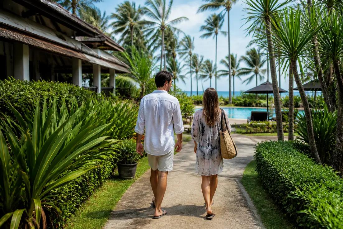 Paar auf dem Weg zum Pool für Merlin Khao Lak Resort clever buchen