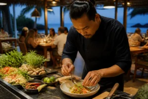 Ein Koch bereitet ein Gericht in einem Restaurant vor, während Gäste die besten Restaurants in Surin genießen