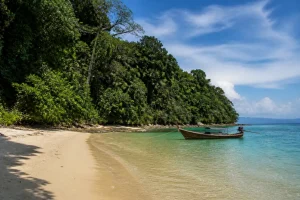 Ko Tarutao Thailand Reisetipps zeigen den einsamen Sandstrand und dichten Dschungel der Insel.
