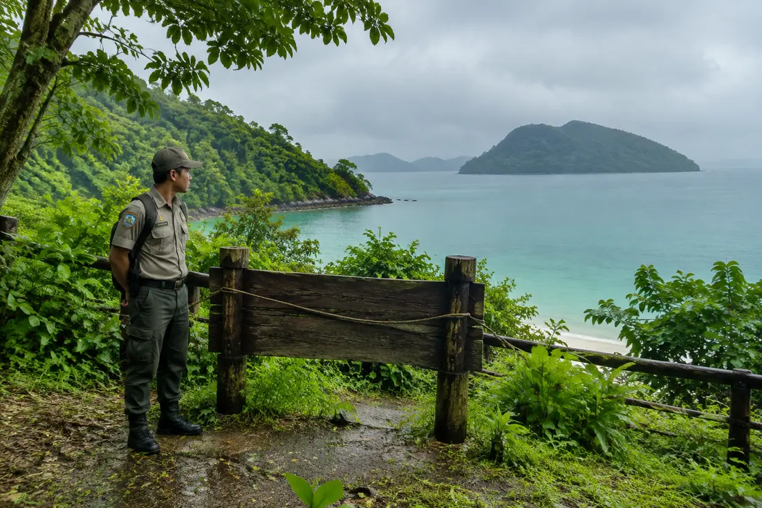 Schild an den thailand inseln gesperrt während der jährlichen Regenzeit im Nationalpark