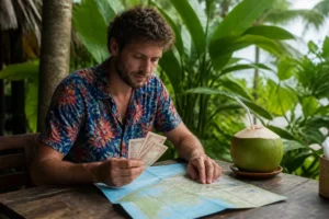 Reisender plant den Phuket Thailand Urlaub mit einer physischen Karte und Bargeld im tropischen Garten
